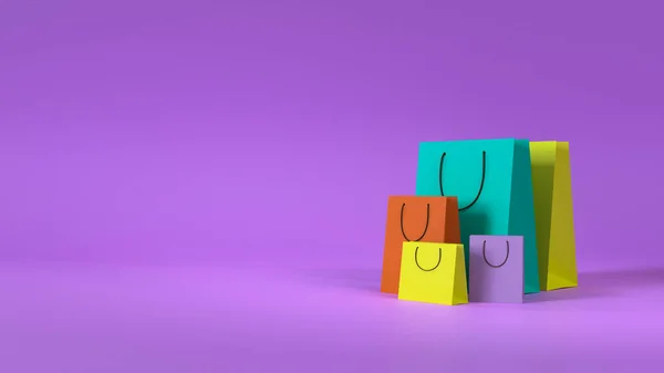 一组紫色背景的彩色购物袋3D渲染 — 图库照片