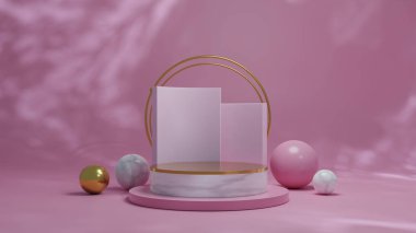 Mockup Modern minimum mermer podyum bulanık pembe arkaplan soyut mimari şekiller sahne ürün sunumu veya 3d gösterimi için