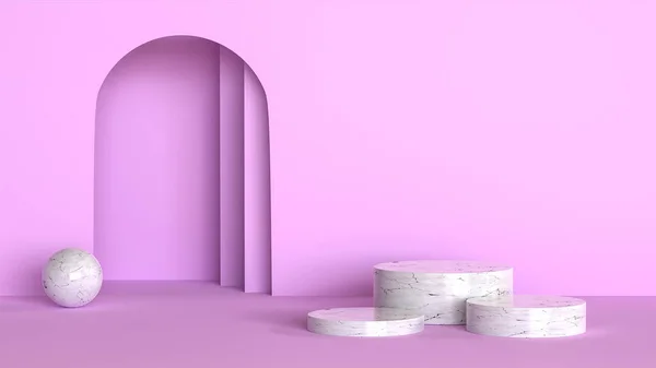 粉红背景产品展示会上的白色大理石圆柱形讲台抽象极小浮点 舞台平台演示3D渲染 图库图片