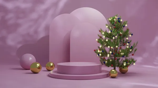 Mockup Moderne Minimale Podium Mit Weihnachtsbaum Und Rosa Hintergrund Verschwimmen lizenzfreie Stockbilder