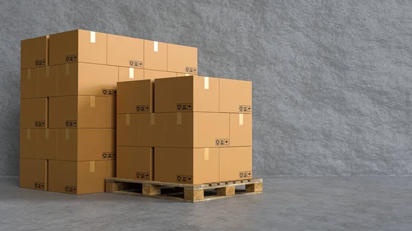 装有混凝土墙和木制货盘的纸板箱堆栈 运输概念的配送仓库 图库图片