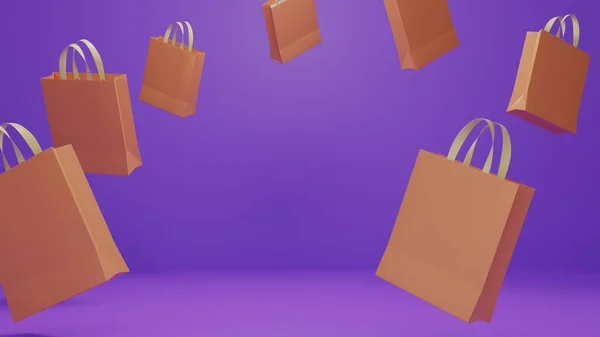 Farbpapier Einkaufstasche Schwimmend Auf Lila Hintergrund Für Einkaufskonzept Idee Rendering Stockbild