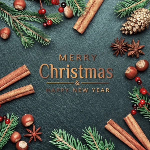 Merry Christmas Happy New Year Dark Background Text Frame Template — Stock Photo, Image