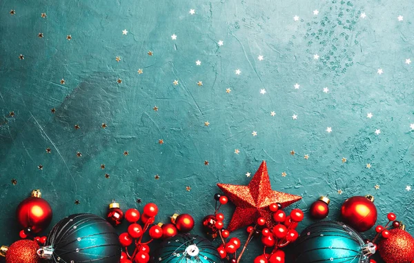 Blue Christmas New Year Background Blue Christmas Balls Red Berries — Stock Photo, Image