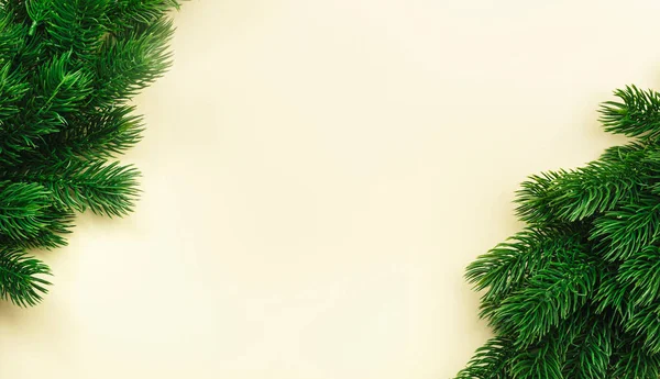 Fondo Navidad Año Nuevo Con Ramas Abeto Verde Bandera Blanca —  Fotos de Stock