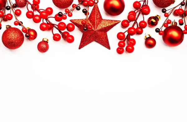 White Christmas New Year Background Red Christmas Balls Big Star — Stock Photo, Image