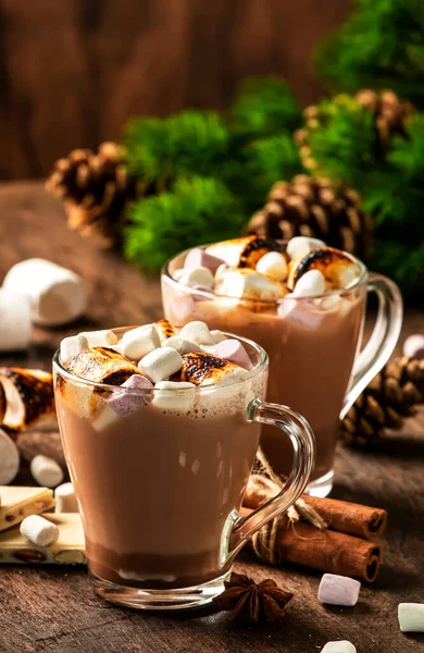 Hot Chocolate Drink Fried Marshmallow Glass Cups Winter Decoration Wooden — Stock Photo, Image