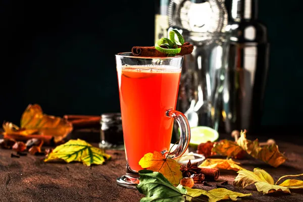 Heißer Butterrum Winterwärmender Cocktail Mit Apfelsaft Dunklem Rum Honig Zimt — Stockfoto