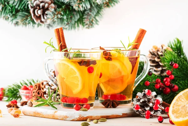 Winter Hot Tea Lemon Cranberries Herbs Spices Christmas New Year — Stock Photo, Image