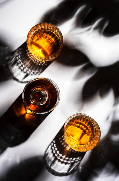 Whiskey Glasses Bottle White Background Hard Light Shadows Sun Glare — Stock Photo, Image