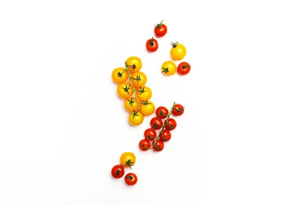 Τρόφιμα Φόντο Κίτρινο Και Κόκκινο Ντοματίνια Τομάτες Λευκό Τραπέζι Top — Φωτογραφία Αρχείου