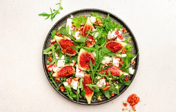 Fresh Summer Fig Salad White Cheese Nuts Arugula Jam Dressing — Stock Photo, Image