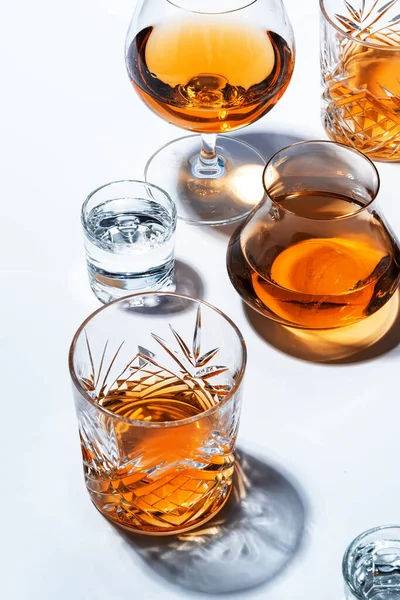 Strong Alcoholic Drinks Hard Liquors Spirits Distillates Glasses Vodka Cognac — Stock Photo, Image