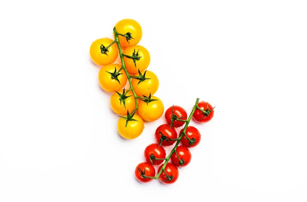 Food Background Yellow Red Cherry Tomatoes White Table Top View — Stock Photo, Image