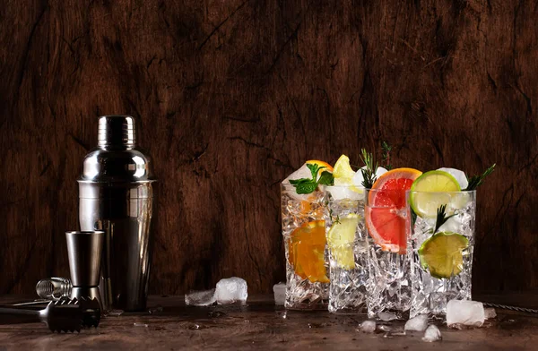 Conjunto Cocktails Tónicos Cítricos Bebidas Verão Com Limão Limão Toranja — Fotografia de Stock