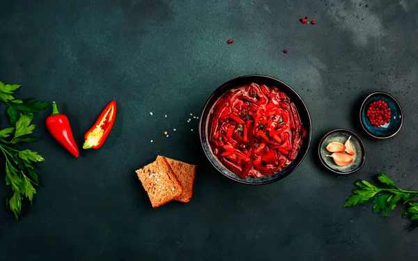 Sopa Tradicional Col Roja Casera Con Remolachas Verduras Hierbas Borscht —  Fotos de Stock