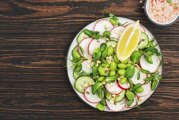 Frischer Frühlingssalatteller Mit Radieschen Gurken Grünen Erbsen Sonnenblumen Soja Und — Stockfoto