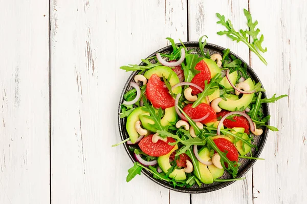 Egészséges Vegetáriánus Ebédsaláta Arugulával Avokádóval Grapefruittal Kesudióval Olívaolaj Méz Borecet Stock Fotó