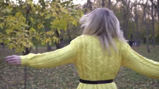 Giovane donna felice sta girando con gioia nel parco autunnale. Autunno d'oro — Video Stock