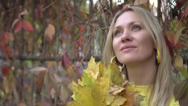 Retrato de una joven hermosa mujer con hojas de arce amarillo en un parque de otoño — Vídeos de Stock