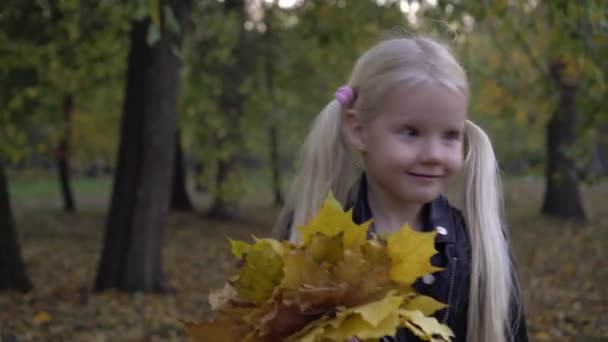 Kleines Kind im Herbstpark. Schöne Mädchen mit gelben Ahornblättern — Stockvideo