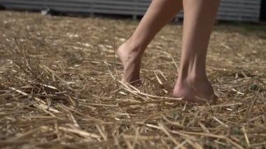 Bir kadın samanlıkta yalın ayak dans ediyor. Çıplak ayakla dans eden kadın, ağır çekimde. Bacakları yakın, çıplak ayaklı kadın samanlıkta dans ediyor.