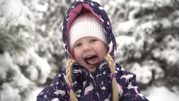 Счастливая маленькая девочка на улице зимой. Портрет веселого ребенка в зимней одежде на фоне снежного парка — стоковое видео