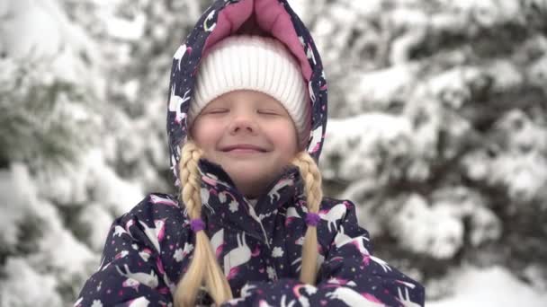 Ritratto di un bambino felice all'aperto in inverno. Ragazza bambino sorride in una giornata invernale su uno sfondo di neve — Video Stock