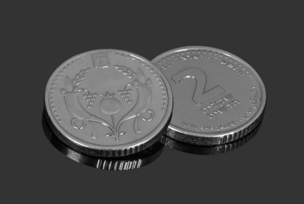 Монети Двох Шекалімів Темному Тлі Монети Банкноти — стокове фото