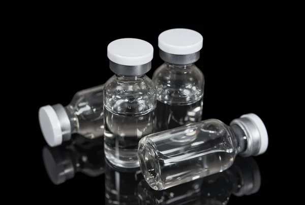 Vials Transparent Vaccine Black Mirror Surface Medicines Healthcare — 스톡 사진