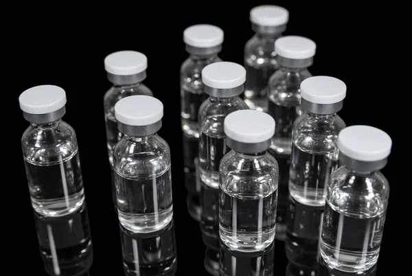 Glass Injection Vials Transparent Vaccine Dark Background Medicines Healthcare — Stockfoto