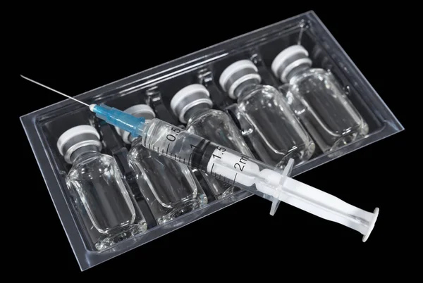 Glass Capsules Vaccine Plastic Tray Black Background Healthcare Medication — Zdjęcie stockowe
