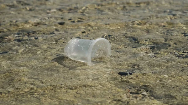 Transparent plastic cup is carried away by the wind to the sea in the coastal zone. Plastic pollution of the surf zone. Red sea, Egypt