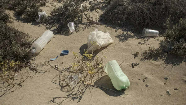 Plastic trash in the desert. Plastic pollution in sandy desert. Egypt, Africa