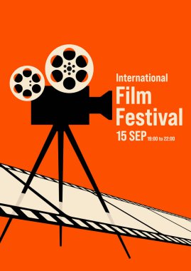 Film afişi tasarım şablonu, retro film kamerası ve film şeridiyle. Arkaplan, pankart, broşür, broşür, broşür, broşür, baskı, yayın, vektör illüstrasyonu için kullanılabilir