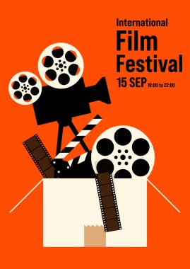 Eski film ekipmanlarıyla birlikte film afişi tasarım şablonu. Arkaplan, pankart, broşür, broşür, broşür, broşür, baskı, yayın, vektör illüstrasyonu için kullanılabilir