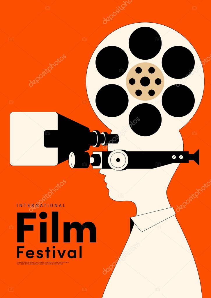 Movie and film poster design template background with vintage film camera. Can be used for backdrop, banner, brochure, leaflet, flyer, print, publication, vector illustration