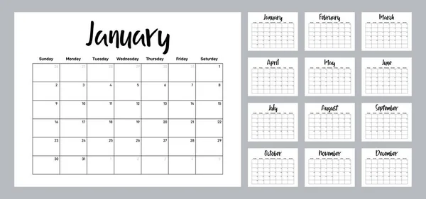 Kalendervorlagen Design Für 2022 Druckbare Monatliche Planertabelle Minimaler Stil Wochenstart — Stockvektor