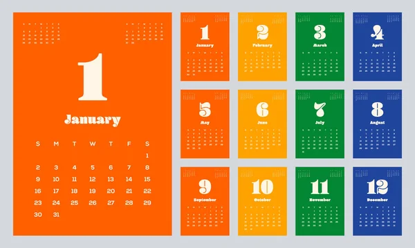 Kalender Template Ontwerp Voor 2022 Afdrukbare Maandelijkse Planner Vintage Retro — Stockvector