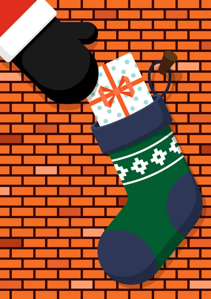 靴下フラットデザインスタイルのギフトボックスとメリークリスマスのコンセプトの装飾 デザイン要素は グリーティングカード はがき パンフレット 出版物 ベクトルイラストに使用することができます — ストックベクタ
