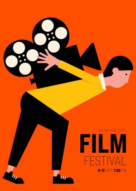 Film ve film afiş tasarım şablonu ve klasik film makarası. Arkaplan, pankart, broşür, broşür, broşür, broşür, baskı, yayın, vektör illüstrasyonu için kullanılabilir