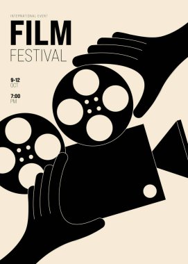 Film ve film afiş tasarım şablonu ve klasik film makarası. Arkaplan, pankart, broşür, broşür, broşür, broşür, baskı, yayın, vektör illüstrasyonu için kullanılabilir