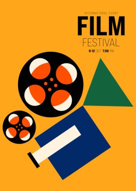 Klasik kameralı film ve film afişi tasarım şablonu. Arkaplan, pankart, broşür, broşür, broşür, broşür, baskı, yayın, vektör illüstrasyonu için kullanılabilir