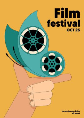 Film ve film poster tasarımı arka planda film makarası ve kelebek var. Arkaplan, pankart, broşür, broşür, broşür, broşür, baskı, yayın, vektör illüstrasyonu için kullanılabilir