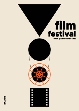 Film ve film afiş tasarım şablonu ve film makarası. Arkaplan, pankart, broşür, broşür, broşür, broşür, baskı, yayın, vektör illüstrasyonu için kullanılabilir