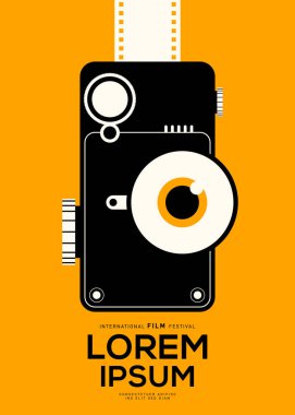 Klasik kameralı film ve film afişi tasarım şablonu. Arkaplan, pankart, broşür, broşür, broşür, broşür, baskı, yayın, vektör illüstrasyonu için kullanılabilir
