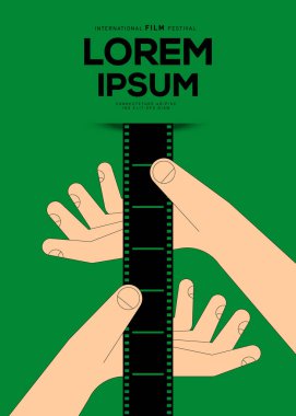 Film ve film poster tasarım şablonu ve film şeridi. Arkaplan, pankart, broşür, broşür, broşür, broşür, baskı, yayın, vektör illüstrasyonu için kullanılabilir