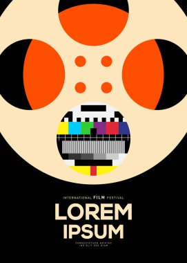 Film ve film afiş tasarım şablonu ve film makarası. Arkaplan, pankart, broşür, broşür, broşür, broşür, baskı, yayın, vektör illüstrasyonu için kullanılabilir