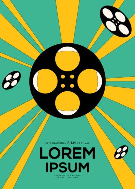 Film ve film afiş tasarım şablonu ve film makarası. Arkaplan, pankart, broşür, broşür, broşür, broşür, baskı, yayın, vektör illüstrasyonu için kullanılabilir