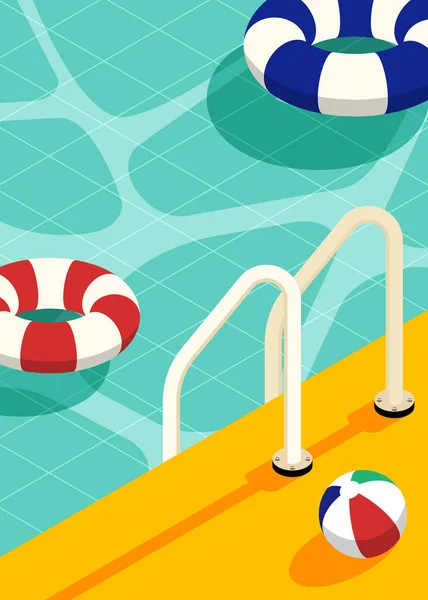 Yüzme Havuzu Şişirilebilir Sal Izometrik Arka Plan Yazlık Poster Tasarımı — Stok Vektör